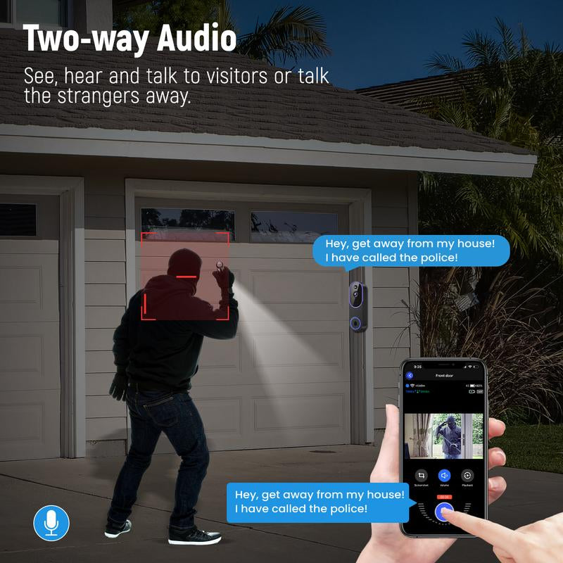 1080P Wireless Video Doorbell Camera, Smart AI Human Detection, FHD Live View, Cloud Storage, Night Vision, Two Way Audio, Instant Alert, 2.4G Wifi Only, Indoor/Outdoor Surveillance Cam for Home Security System