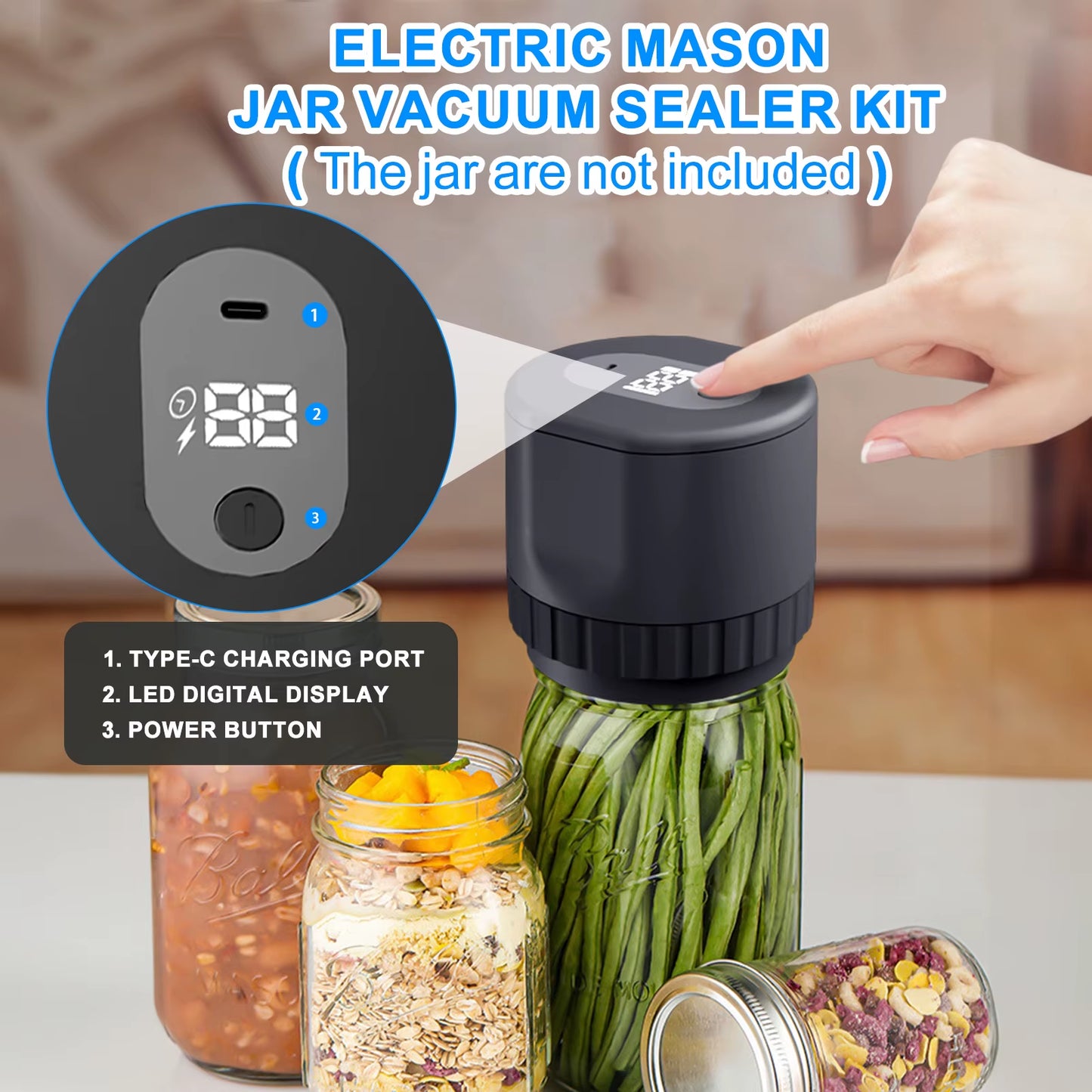 Cordless Electric Mason Jar Vacuum Sealer Kit - Effortless Food Storage & Preservation with Automatic Sealing and Rechargeable Design
