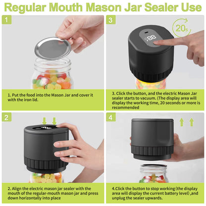 Cordless Electric Mason Jar Vacuum Sealer Kit - Effortless Food Storage & Preservation with Automatic Sealing and Rechargeable Design